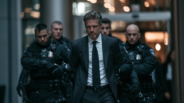 Businessman Arrested and Escorted by Police Officers From an Office Building in a Formal Setting
