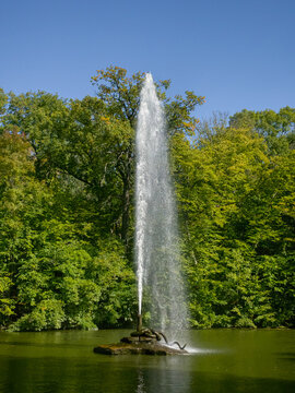 Water fountain jet spouting from stone snake on lake in bright daylight