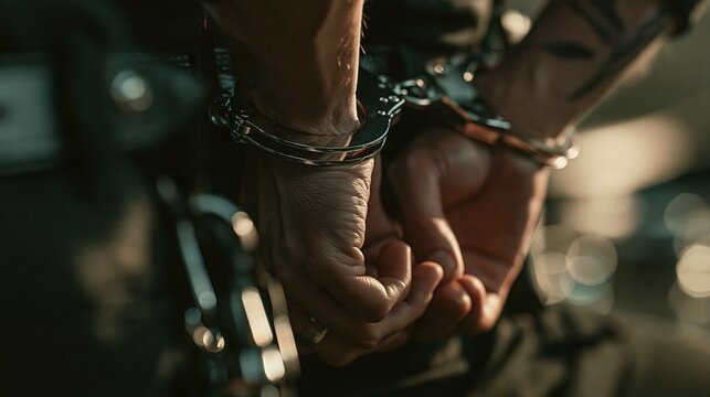 Close-up of Handcuffs Being Secured Around a Suspects Wrists During an Arrest in a Police Operation