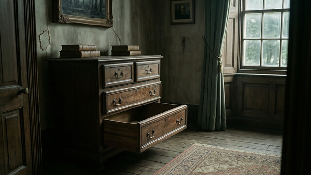 Open Drawer of an Antique Dresser in an Abandoned Room