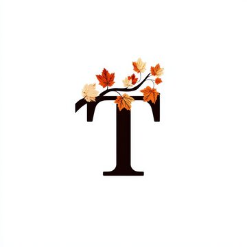 Creative logo design of a tree branch with autumn leaves forming the letter T