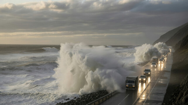 A fierce sea storm pummels giant waves straight onto the coastal highway, covering moving cars with streams of water and foam.