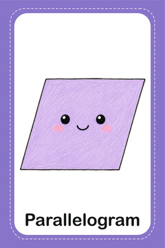 Parallelogram shape flashcard for kids, purple parallelogram with cute kawaii smiling face, hand-drawn colored pencil crayon texture, English vocabulary learning card for kids