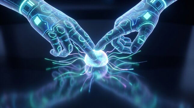 Glowing cybernetic hands interacting with a pulsing digital energy sphere featuring intricate futuristic neon circuits in 3d render