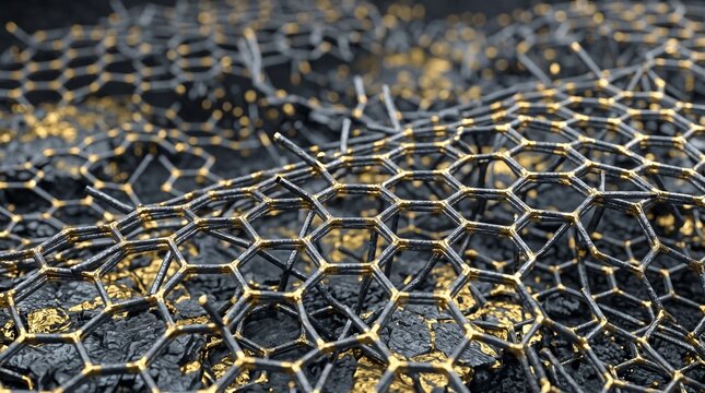 Abstract 3d render of microscopic graphene lattice structure with golden highlights showcasing atomic carbon connections
