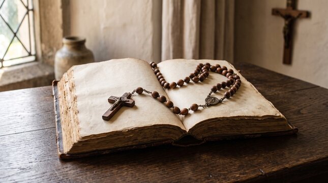 Open antique holy bible rests gracefully with traditional wooden rosary beads on rustic dark wooden table surface indoors