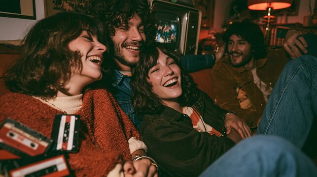 Friends Enjoy Laughter Together in a Retro 1980s Living Room With Warm Lighting and Vintage Decor