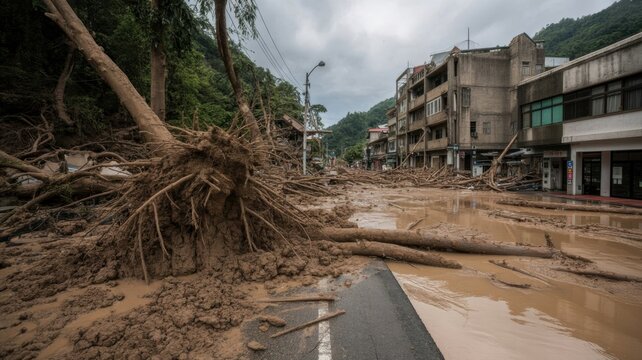 A powerful mudflow blocked a city street, covering the asphalt with uprooted trees, dirt, and debris.