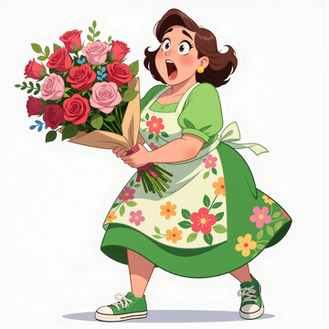 Surprised florist woman holding giant rose bouquet, wearing green floral dress and apron on white background.