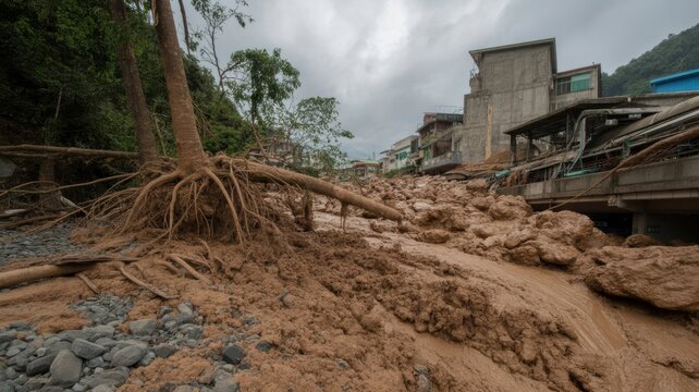 A devastating landslide buried the coastal street of the settlement under tons of rocks and dirt, exposing the roots of fallen trees.