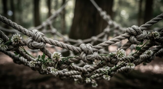 Rope hammock with clover flowers in forest serene nature and relaxation