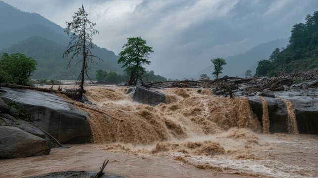 A fierce flood current is seething and overflowing its banks, flooding the mountain riverbed and uprooting lone trees under a gloomy sky.