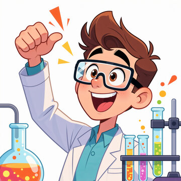 A young scientist with gigantic eyebrows and a wide grin watches his experiment fizz with pure excitement on a light white background.