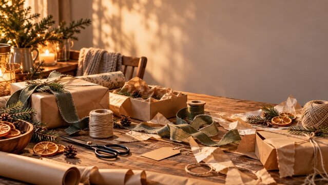 Gift wrapping setup on a wooden table with wrapped boxes, kraft paper, ribbon, scissors, pine branches, pinecones and warm holiday light