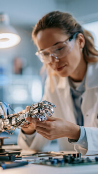 Female engineering student working on a robotic arm in a laboratory young european woman seen from behind in safety glasses and a white lab coat building a bionic prosthetic close view