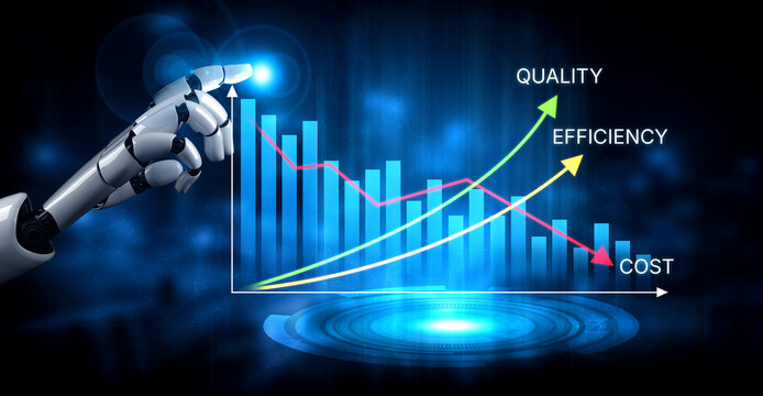 Futuristic Robotic Hand Pointing at Graph with Rising Quality, Efficiency, and Cost Indicators in a High-Tech Digital Environment. Bitwise.