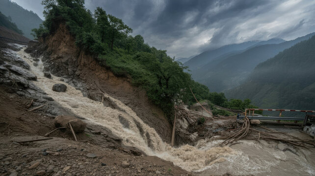 A violent mudflow erodes a forested slope, bringing down tons of earth and stones into a deep gorge under a gloomy sky.