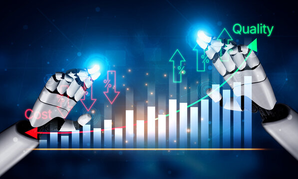 Futuristic Robotics Technology Controlling Market Trends Through Data Analysis with Visual Representation of Cost and Quality Metrics. Bitwise.