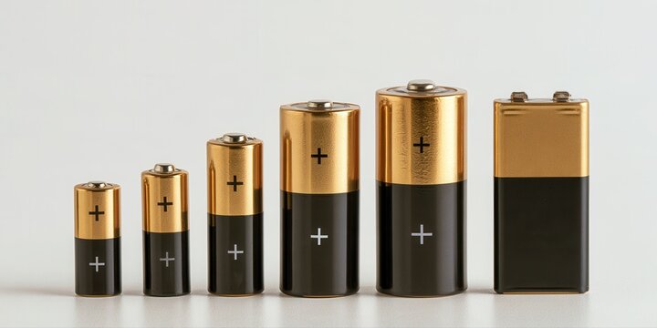 Various cylindrical alkaline batteries gold black colors industrial power supply unit.