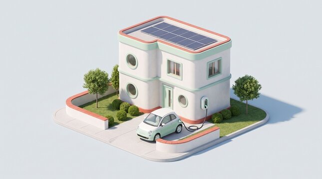 太陽光発電と電気自動車を備えた環境配慮型住宅の3DCG