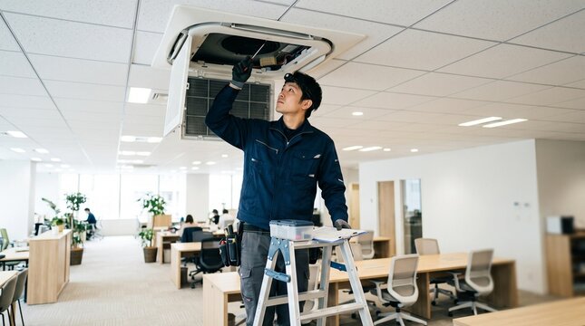 オフィスで天井埋め込み型エアコンを点検する設備保全作業員