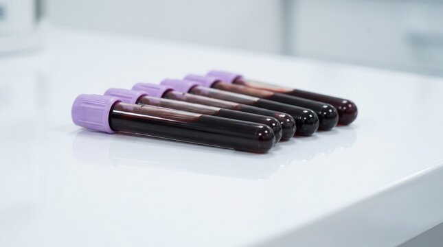 Row of purple capped medical blood test tubes on a white laboratory table