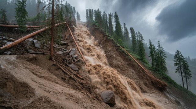 A powerful mudflow rushes down the slope, uprooting centuries‑old trees and destroying the forest area.