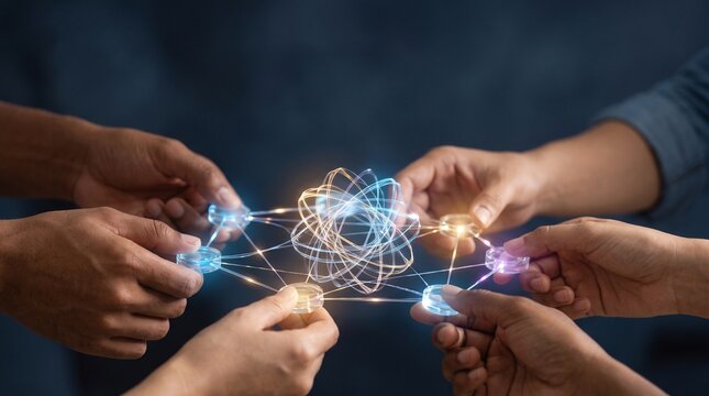Diverse people connecting global network with glowing digital lines and nodes representing future technology