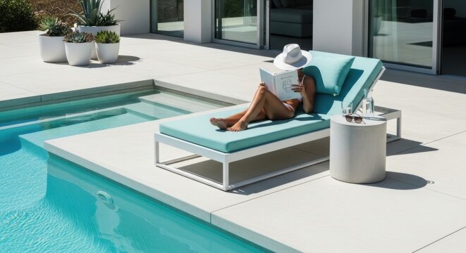 Relaxing woman reading a book on a lounge chair by a modern swimming pool sunbathing and enjoying leisure time