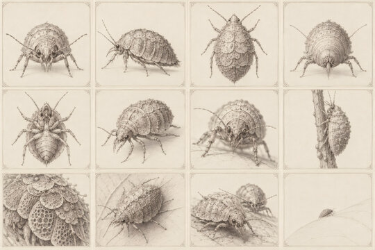 Antique scale insect specimen collection in elegant entomological engraving style, vintage scientific illustration on warm ivory paper with delicate linework, crosshatching, and botanical detail