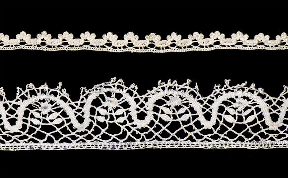 Set of Bobbin lace tape isolated on black background, bobbin and crochet lace with gimp trim, needle work, vintage textile design element, antique fabric art, doily. 