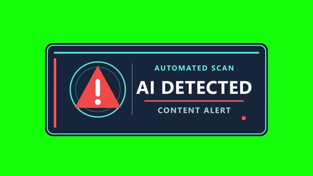 Animated AI detected warning banner with red alert triangle and automated scan text on green screen, black, and white backdrops. UI element for content moderation alerts.