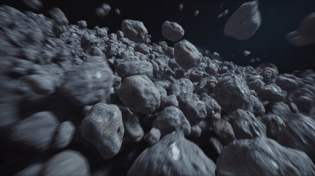 An endless stream of giant meteorites rushes through the cosmic darkness, bringing inevitable destruction to everything in its path. A photo with space for text.