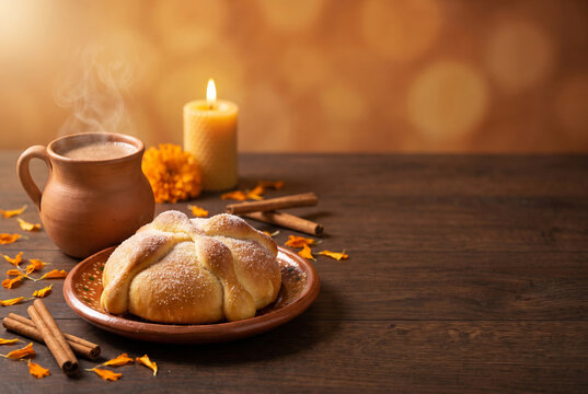 Pan de Muerto bread and Mexican hot chocolate with marigold flowers