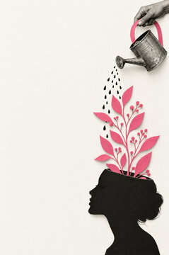 Watering can nurturing a pink awareness symbol in a paper collage
