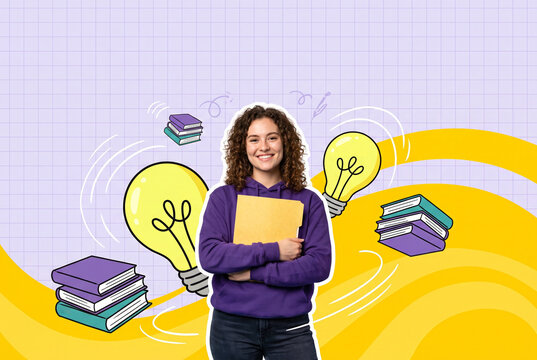 Confident student holding a folder amid colorful books and lightbulb doodles