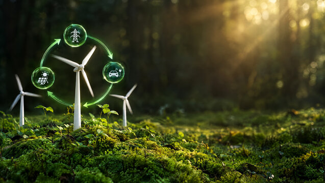 Miniature wind turbines standing in a lush moss landscape