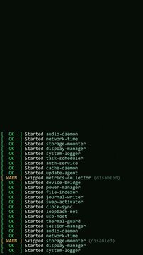 Vertical terminal screen recording of boot log scrolling with green OK statuses and orange warnings, ending at system ready login prompt. Tech aesthetic for software and cybersecurity themes.