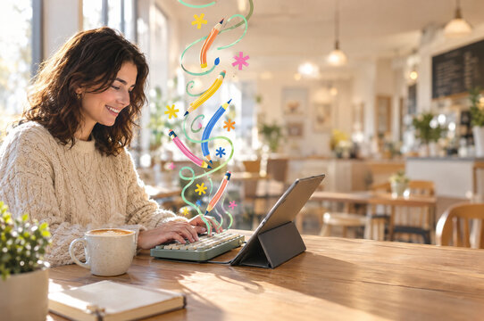 Woman typing on a retro keyboard in a cafe with floating pencil illustrations