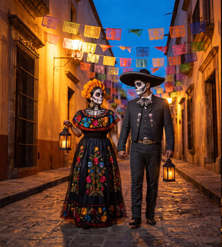 Couple wearing Day of the Dead gala attire in a cobblestone alley