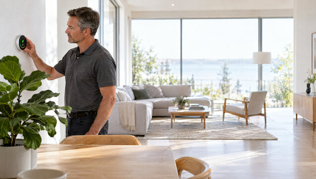 Energy consultant adjusting a digital thermostat in a living room