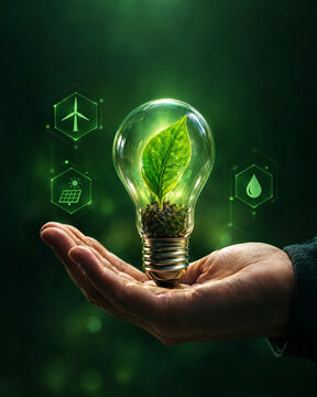 Hand holding a glass lightbulb with a green leaf growing inside