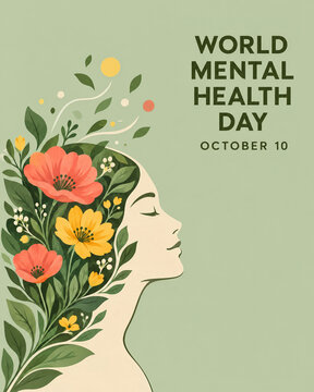 Serene head profile filled with flowers on a mental health poster