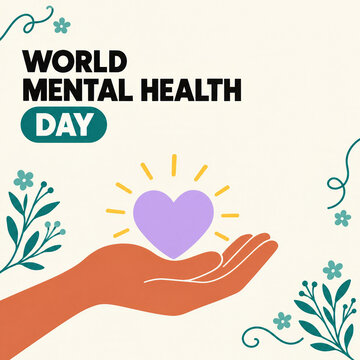 Hand holding a glowing heart on a World Mental Health Day poster