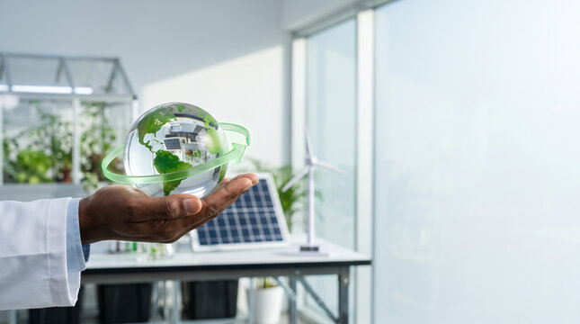 Environmental engineer holding a glass world globe with green loop