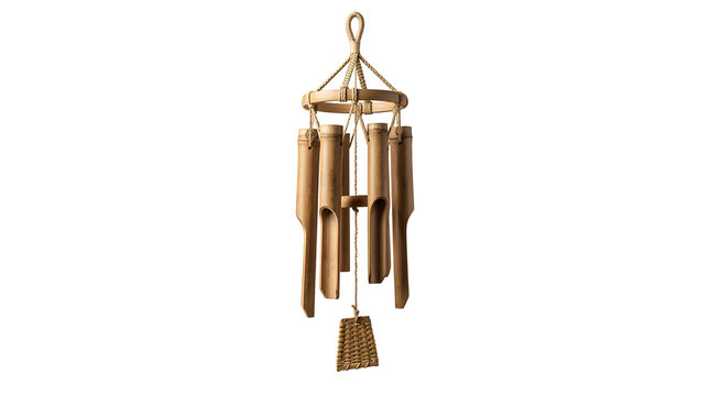 Elegant wooden wind chime with hanging tubes, concept for mindful breathing techniques, relaxation therapy, and meditation practices
