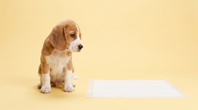 A cute beagle puppy sitting next to a clean puppy training pad on a solid yellow background