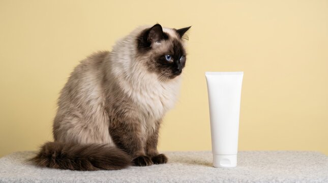 A fluffy birman cat sitting next to a blank white cosmetic tube on a textured surface against a solid light yellow background