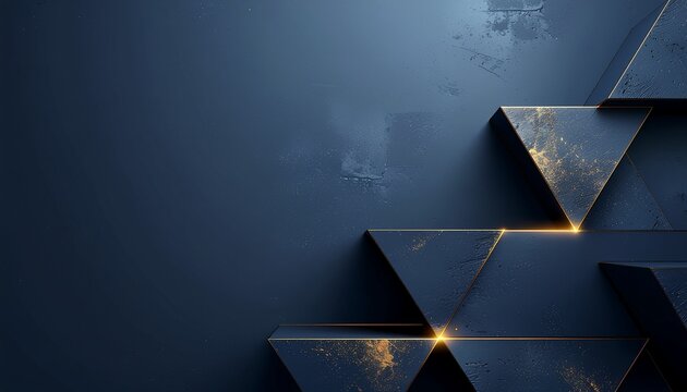 Abstract dark navy blue background with minimalist 3D geometric triangles and glowing golden edges, textured surface with gold splatter, luxury corporate backdrop with copy space