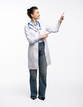 Medical doctor woman presenting and showing copy space for product or text